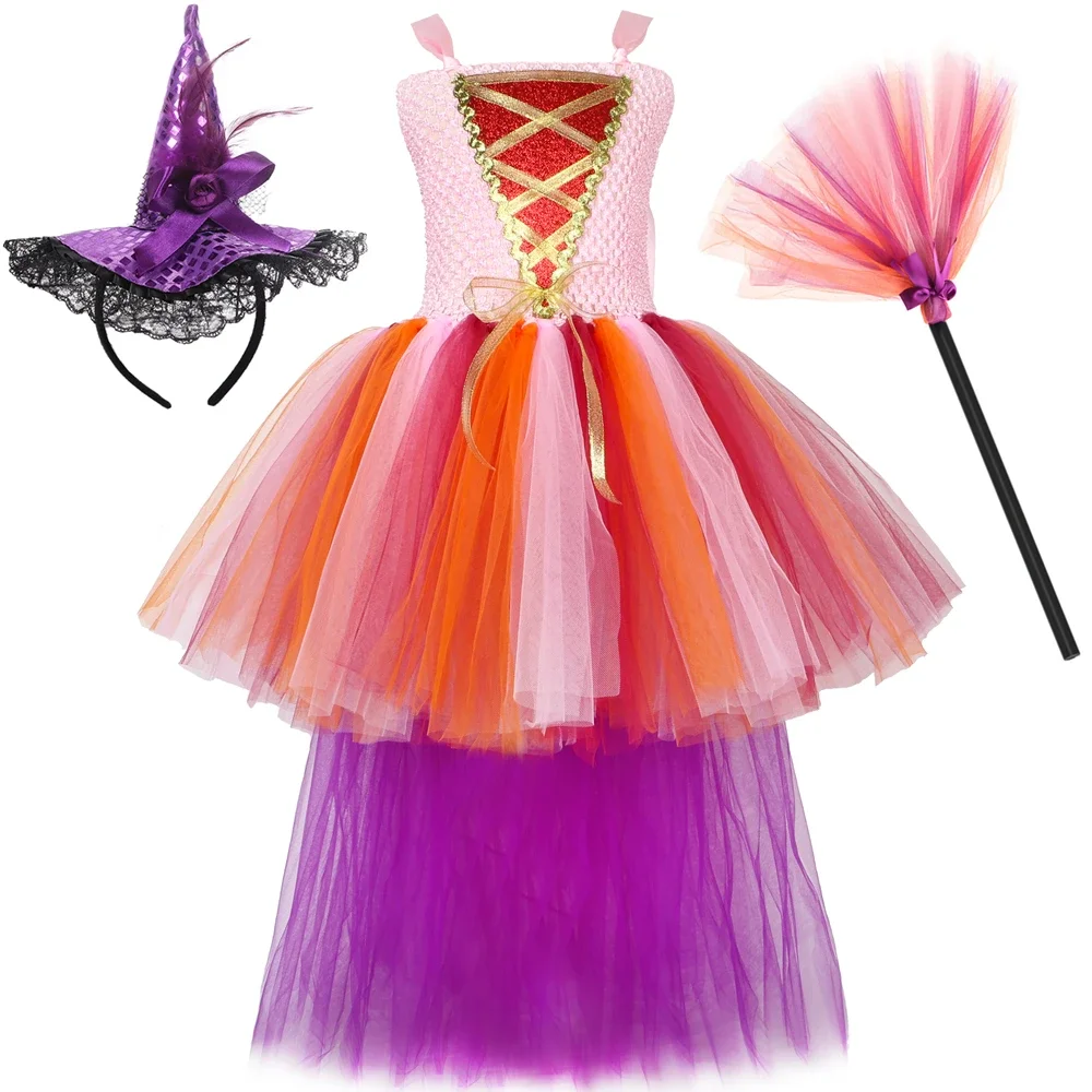 Hocus Pocus Witch Costume for Girls Halloween Carnival Party Dress Up Clothes Kids Sarah Sanderson Sister Tutu Dress with Train