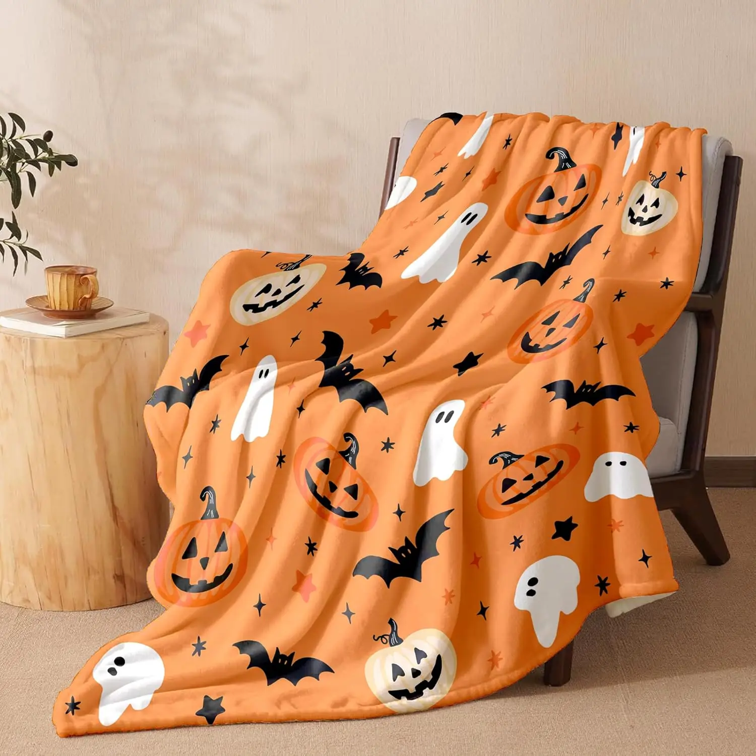 Orange Ghost Bat Pumpkin Halloween Flannel Throw Blanket for Couch or Bed