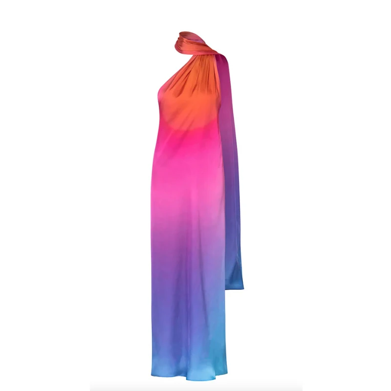 Color Gradient Swimwear Dress European and American Droop Design Loose Long Tape Maxi Skirt One-shoulder Irregular Swimsuit