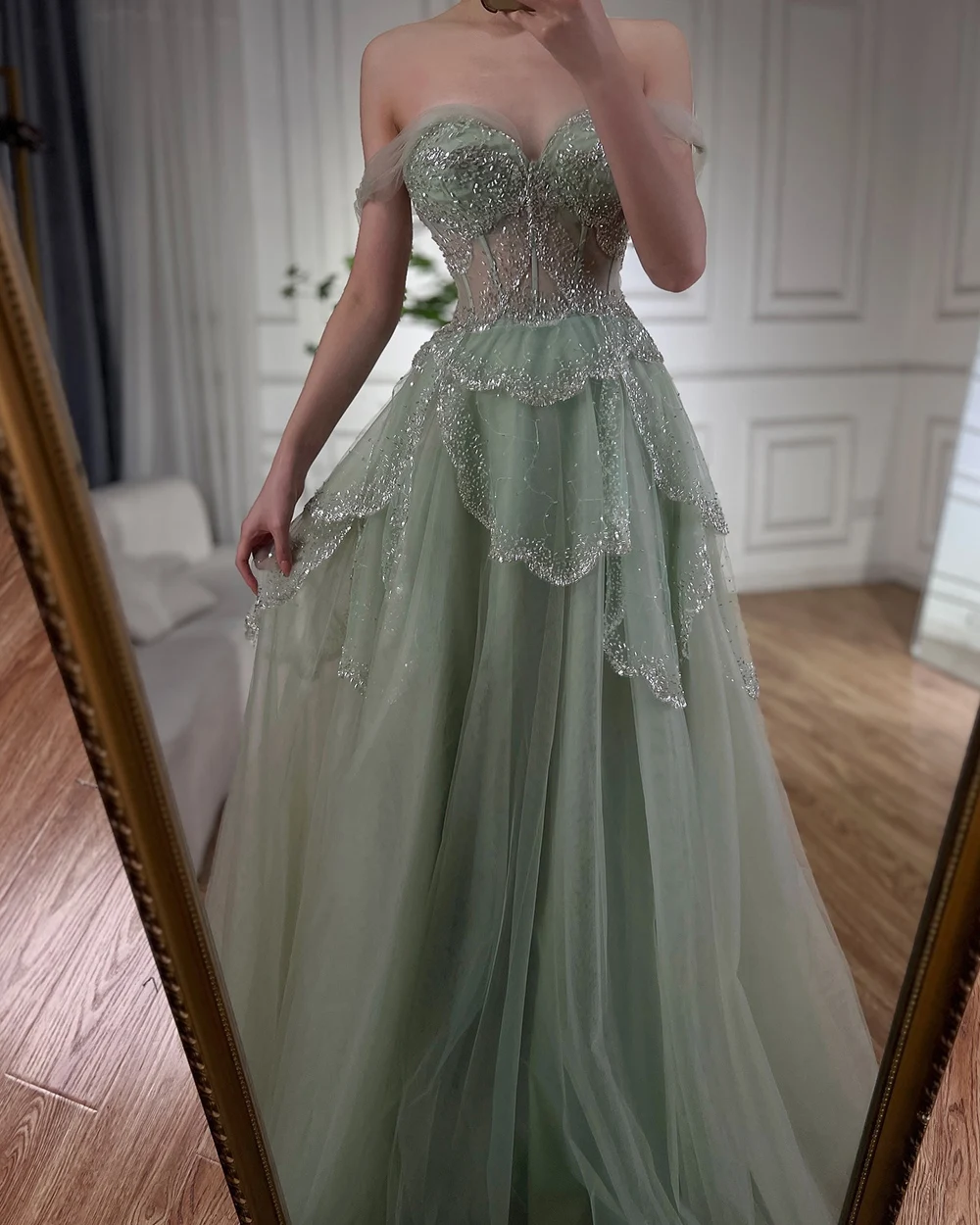 Serene Hill Arabic Sage Green A-Line  Off The Shoulder  Beaded Evening Dress  2024 LA72605 Customized