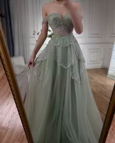 Serene Hill Arabic Sage Green A-Line Off The Shoulder Beaded Evening Dress 2025 LA72605 Customized