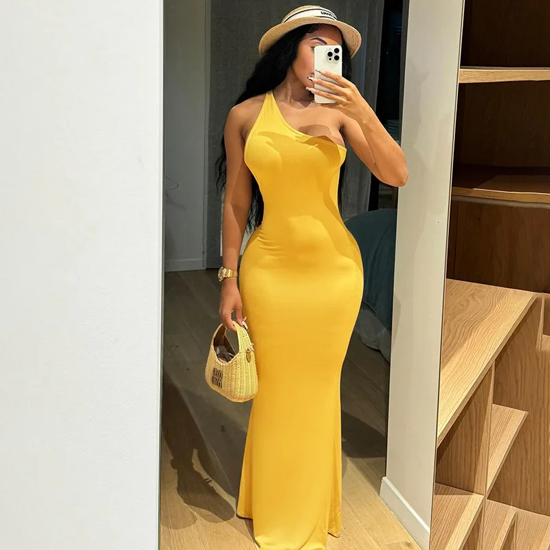 DSMTRC Women Yellow Cut Out Backless Stretch Long Sundress 2024 Summer Beach Y2K Clothes Sexy One Shoulder Solid Maxi Dress