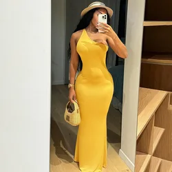 DSMTRC Women Yellow Cut Out Backless Stretch Long Sundress 2024 Summer Beach Y2K Clothes Sexy One Shoulder Solid Maxi Dress