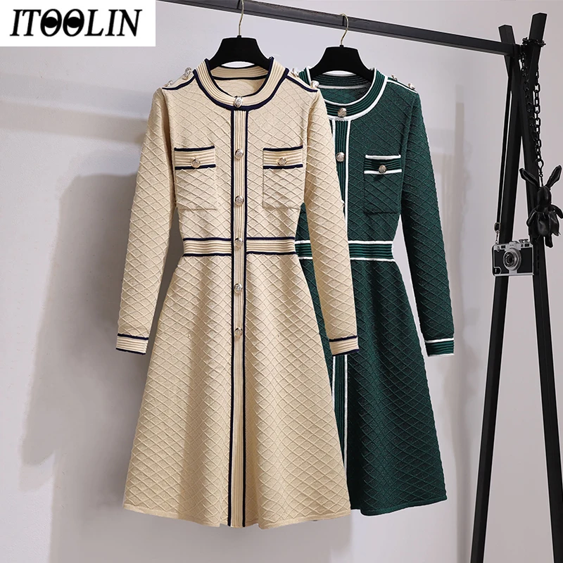 ITOOLIN Women A-Line Sweater Dress French Knit Vintage Patchwork Dress Winter Luxury Designer Buttons Knitted Dresses