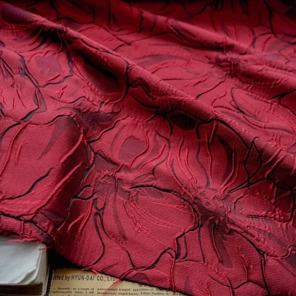 

Dark Red Large Flower Yarn-dyed Jacquard Fabric Spring Autumn Dress Shirt Pillow Cushion Fashion Sewing Wholesale Material Cloth