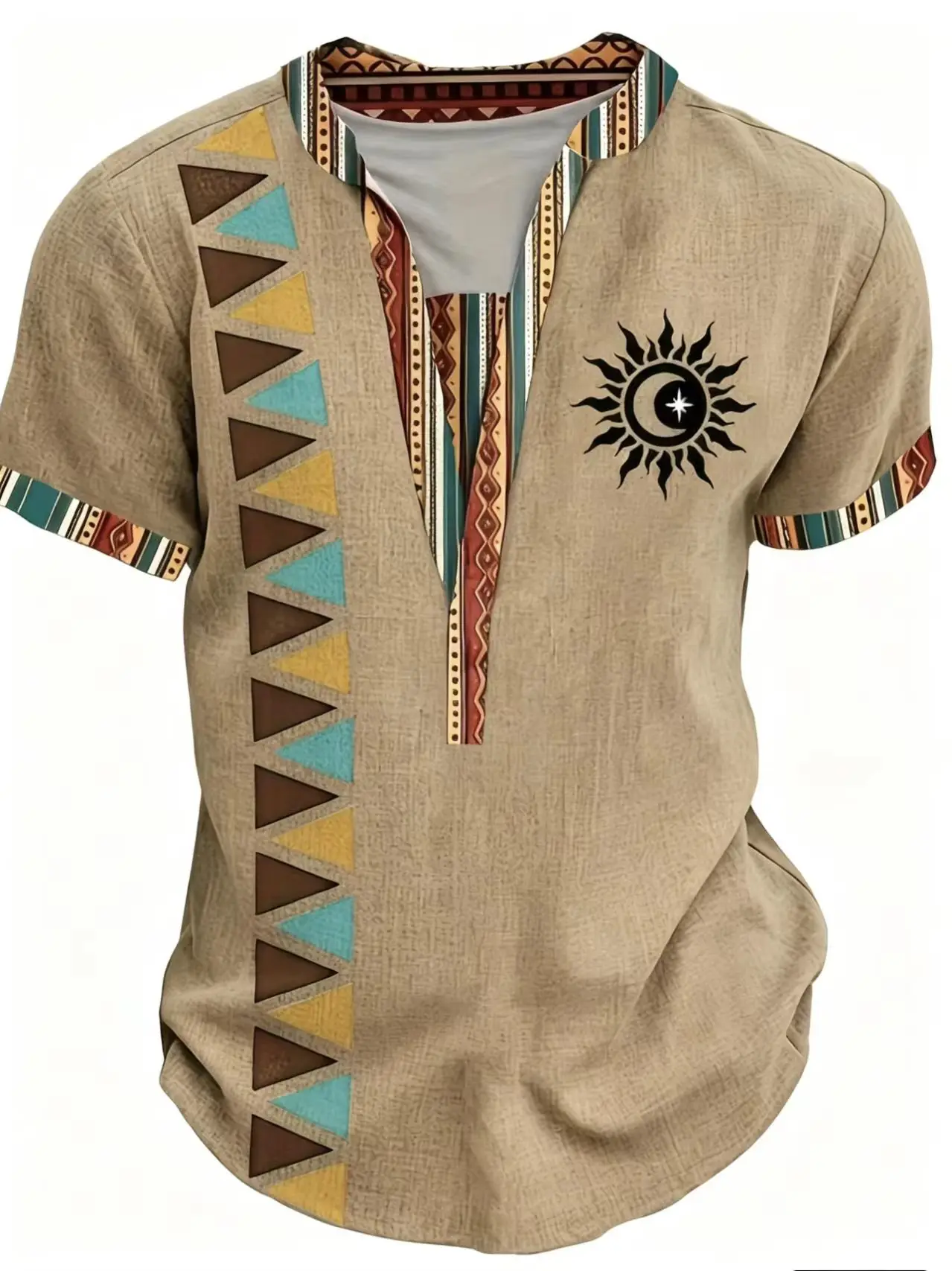 Men's Ethnic Style Printed Henry T-Shirt, Short Sleeved, Six Buttons, Casual and Comfortable, Summer Beach Top, Tiki