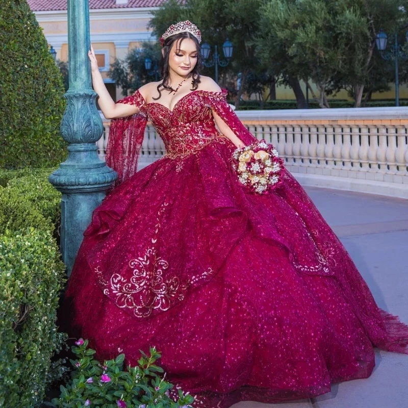 Luxury Ball Gown Quinceanera Dress 2024 Tulle Crystal Appliques With Cape Long Skirt Red Sweet 15 16 Birthday Chapel Train