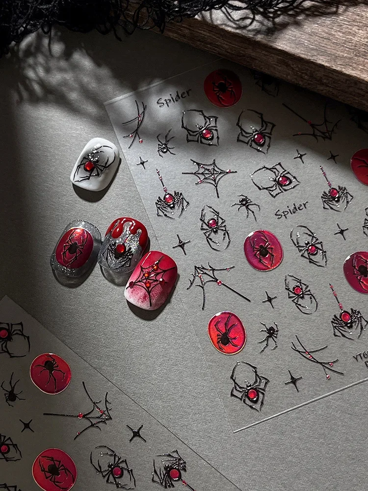 

5D Spider Web Design Halloween Nail Sticker Ant Image Silver Laser Jelly Nail Stickers Retro Dark Style Decorative Stickers DIY