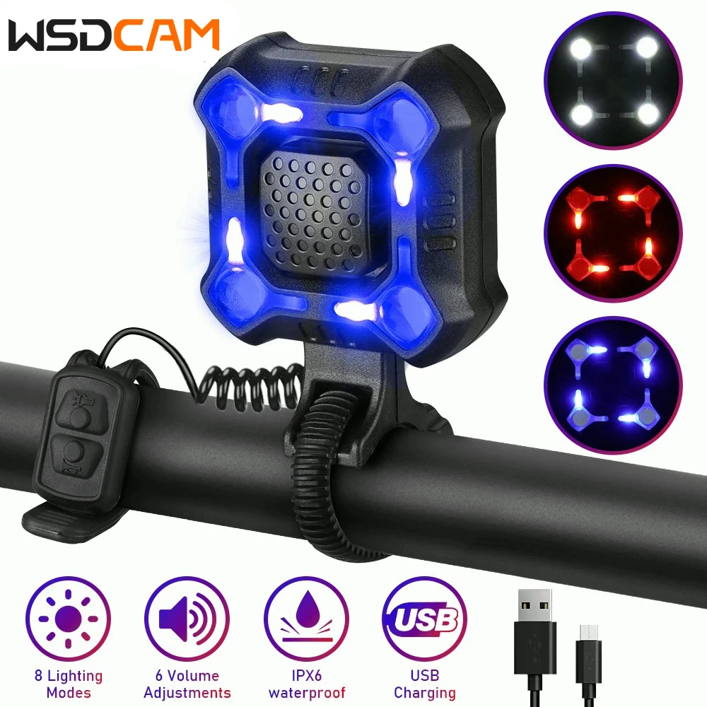 Wsdcam Bike Light USB Recharge IPX6 Waterproof 4LED Bicycle Bell 140 dB Adjustable Riding Security Cycling Lamp Alarm Security