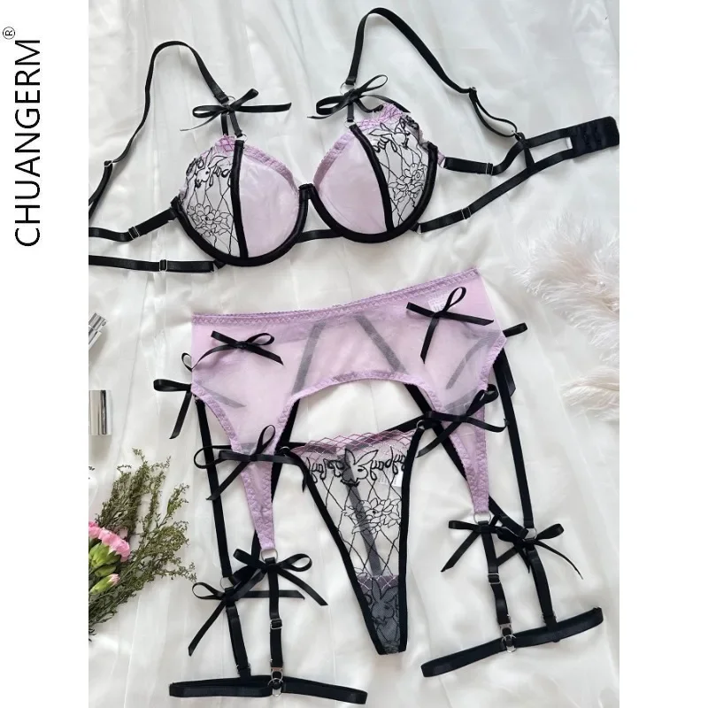 

CHUANGERM Onlyfans Body Suit Women's Underwear Sexy Bow Tie Erotic See-through Lingerie Hot Bra Set Embroidery Panties Intimates