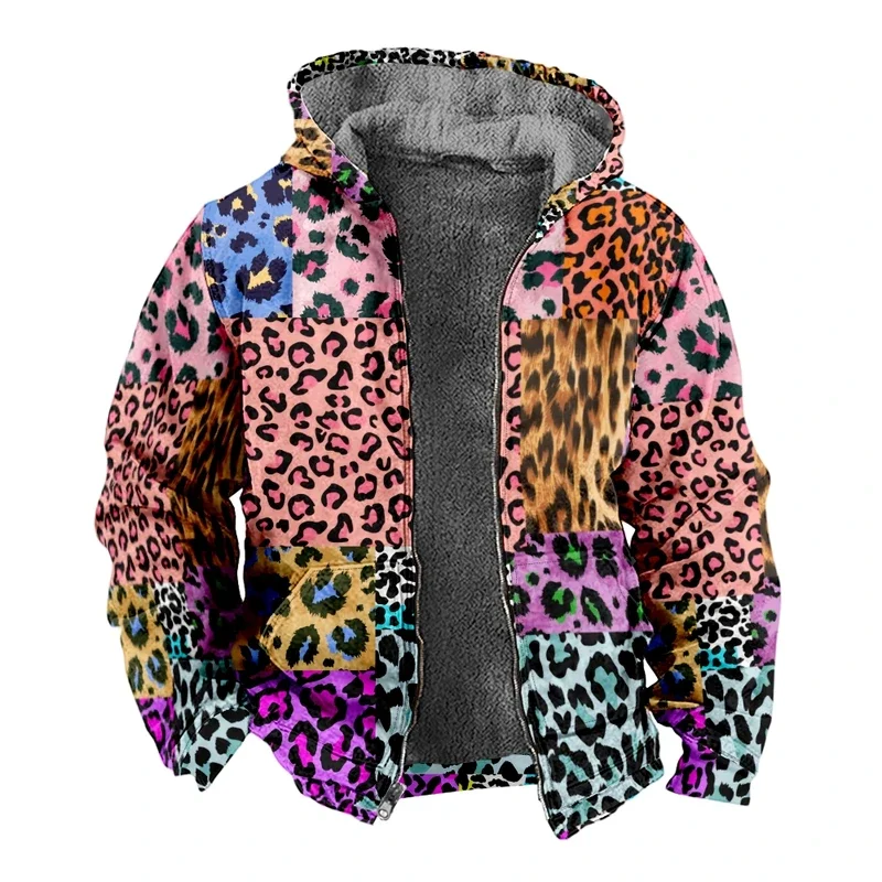 Street autumn winter fleece zip up hoodies original Leopard patchwork digital print men parka coat jackets outerwear sweatshirts