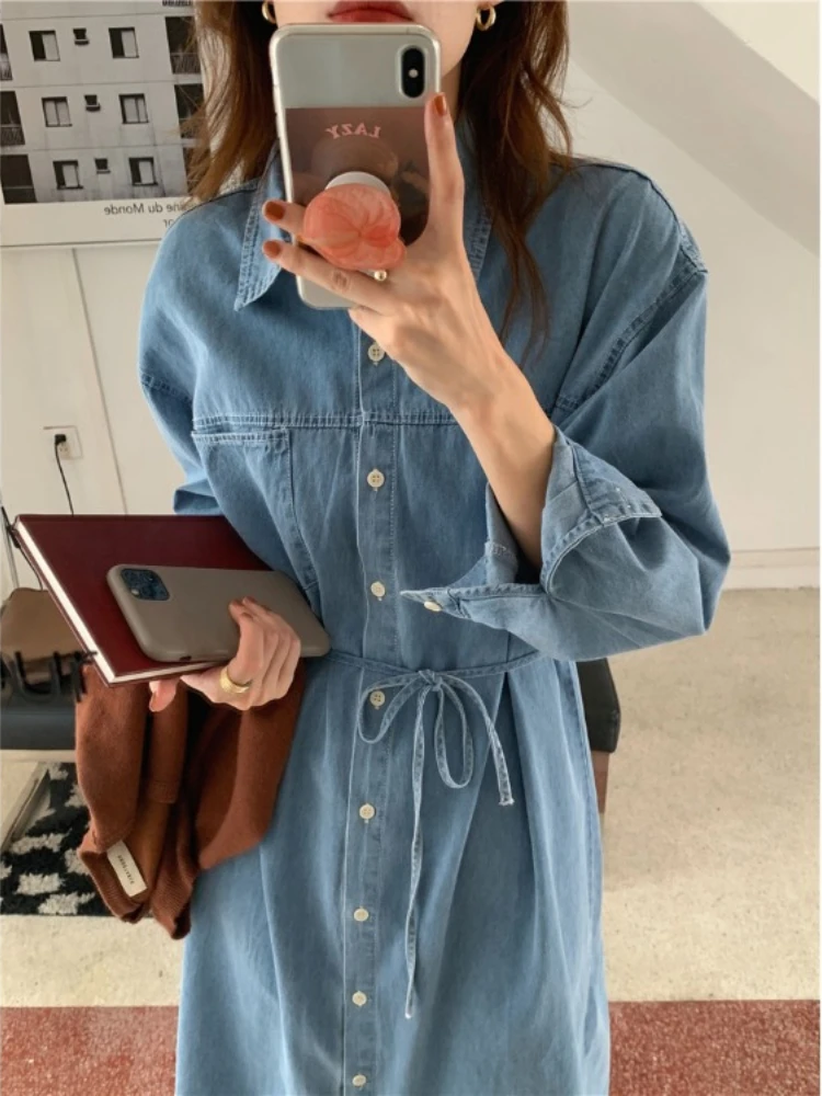 Korea Fashion Spring New Women Shirt Denim Dresses Jeans Over Sized Lace Up High Waist Elegant Vintage Fashionable Long Dresses