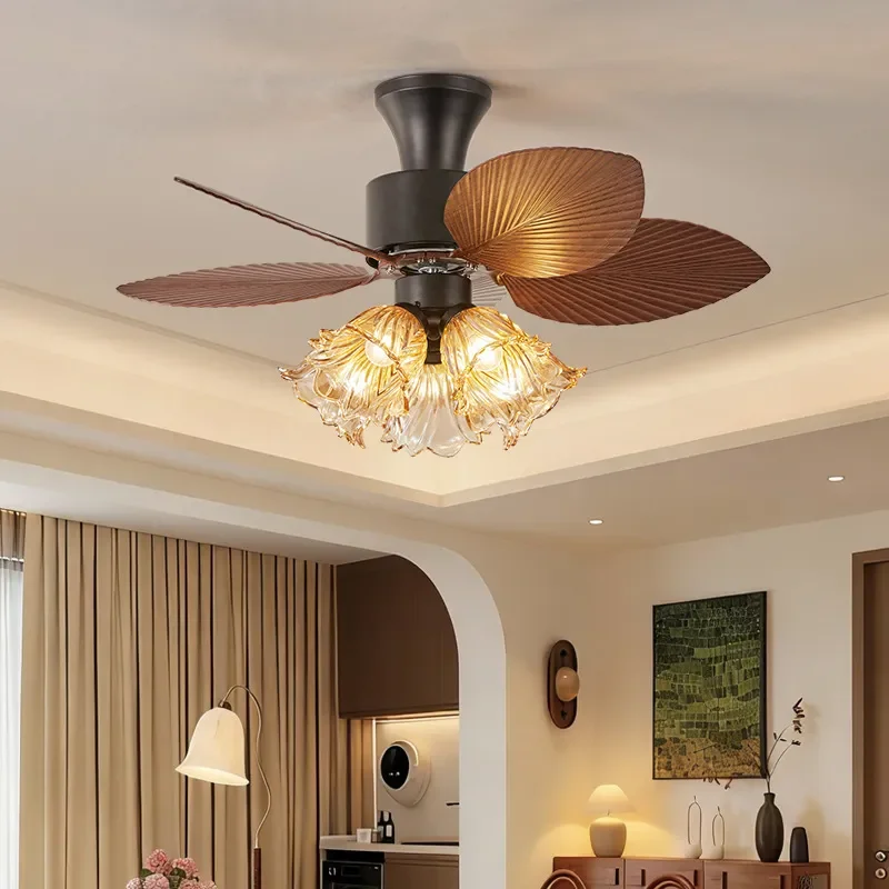 French Classical Ventilator Techo Pendnat Lights Dining Room Fan Chandelier Walnut Color Living Room Bedroom Straight Leaf Lamps