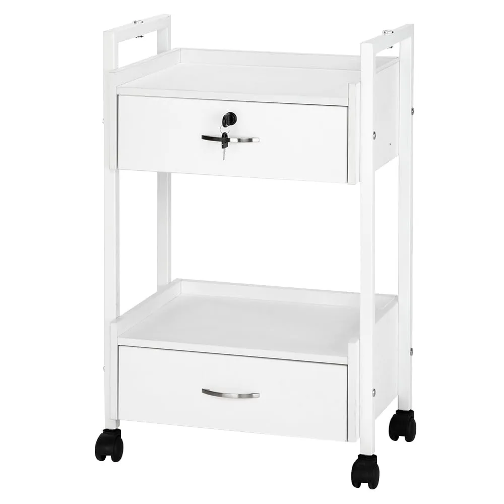 SPA Salon Trolley, White Mobile Storage Cabinet with 2 Drawers, 1 Lockable Trolley for Massage, Tattoo and Facial Care