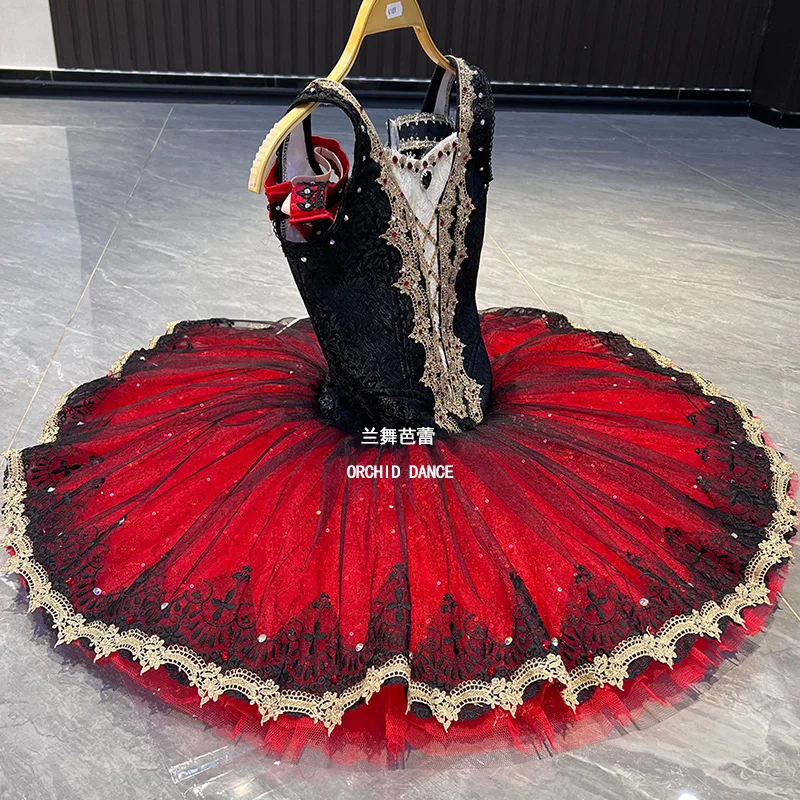 Sleeveless V Neck Ballet Tutu Performance Dress Gold Rhinestone Cross Lace Up Pattern Trim Black Red Contrast Glitter Skirt Suit