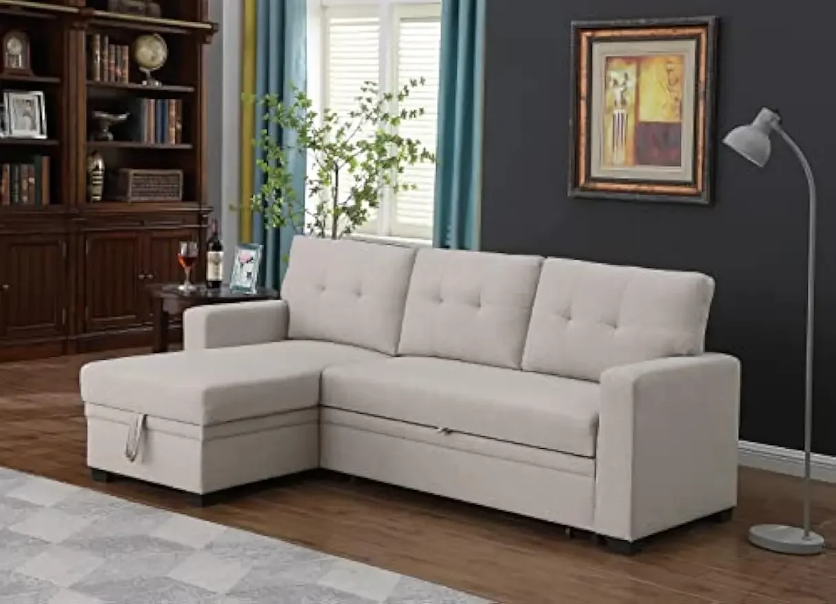 Living Room L-Shape Convertible Linen Upholstered Reversible Corner 3-Seaters Couch with Storage Chaise and Pull-Out Bed