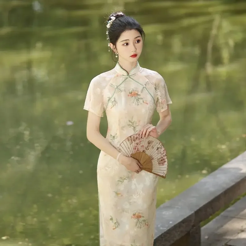 

Лето 2023, улучшенное Cheongsam с цветочным принтом для молодых девушек в стиле ретро, повседневное милое элегантное повседневное вечернее платье в китайском стиле Qipao для женщин