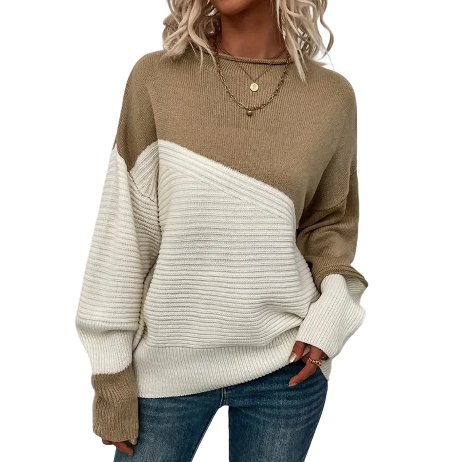 

Women'S Casual Round Neck Colorblock Pullover Sweater Loose Casual Long Sleeve Contrast Color Top Pulls Femmes Woman Clothes