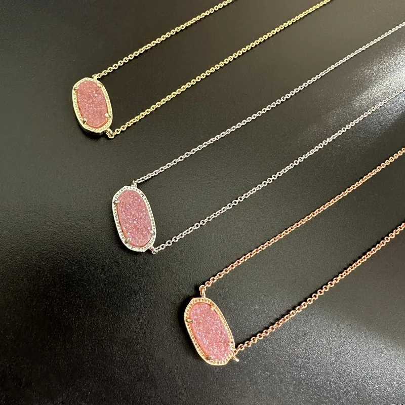 YEEVAA Geometric Natural Agate Pink Drusy Pendant Necklace for Women, Fashion Jewelry, Unique Gifts