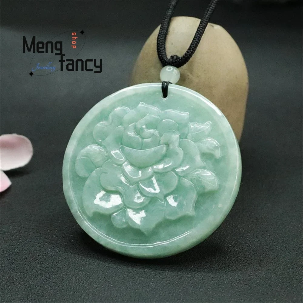 Natural Jadeite Rose Pendant Round Plaque Sweater Exquisite Elegant Charm High-grade Luxury Quality Jewelry Fashion Holiday Gift