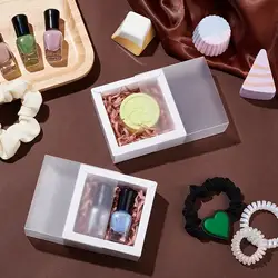10sets Paper Gift Box With PVC Frosted Cover Square Gift Packaging Box White Kraft Present Favor Box For Party Jewelry Packaging