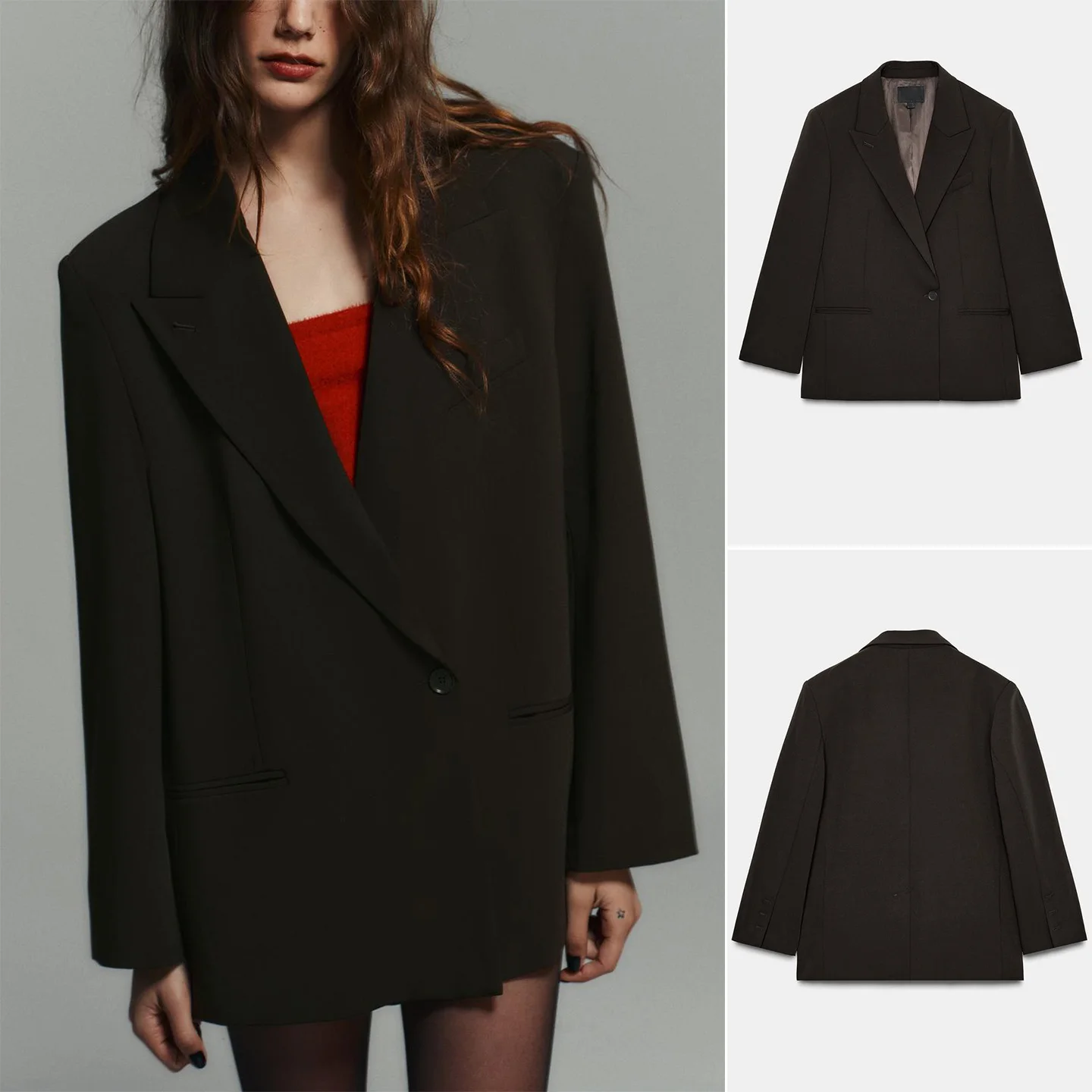 

Winter New Women's French Sle Long Sve Turn-down Collar Loose Double-breasted Suit Jaet Polyester Fiber Commute Suitable