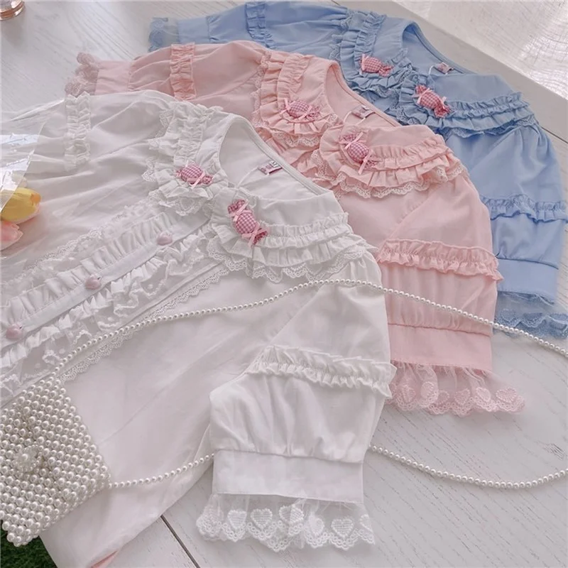 Sweet Lace Lolita Blouse Girly Cute Blue Peter Pan Collar Candy Shirt Women Kawaii Clothing Puff Sleeve Ruffles Bow Blusas Mujer