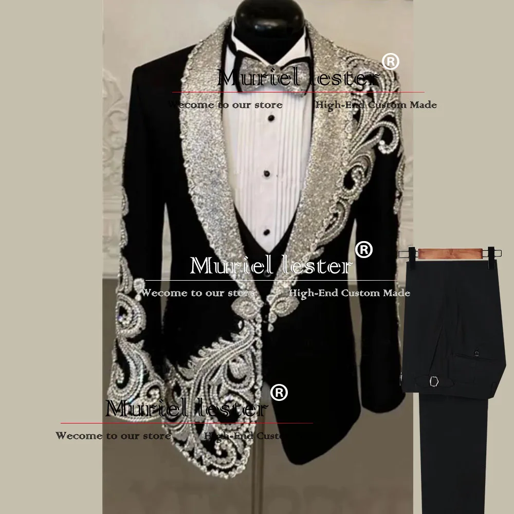 Exquisite Suits Men Beaded Jewelry Ornament Tuxedos Tailor-made Sparkly Shawl Lapel Prom Blazer Wedding Formal Party Clothing