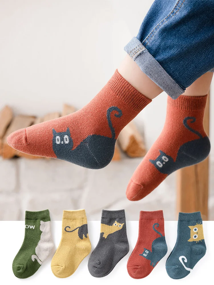 5 par skarpet dziecięcych Cartoon Cat Pattern Wygodne, oddychające skarpetki dziecięce dla chłopców i dziewcząt — zdjęcie 2