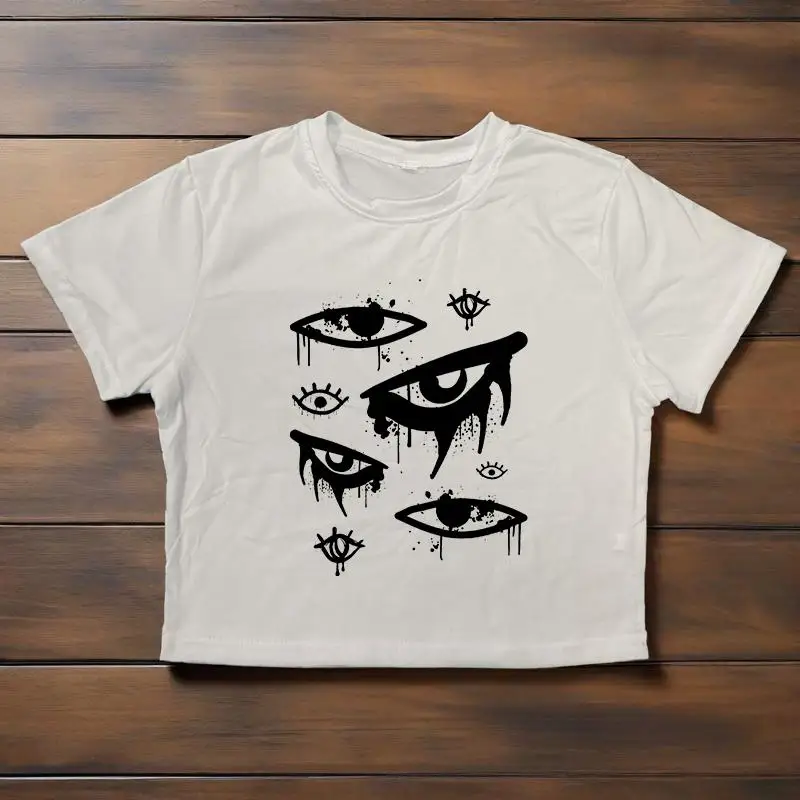 Gothique Creative Eye Motif Impression T-Shirt Esthétique Harajuku Polyvalent Classique Crop Top Vintage Y2K Streetwear Slim Femmes Tee