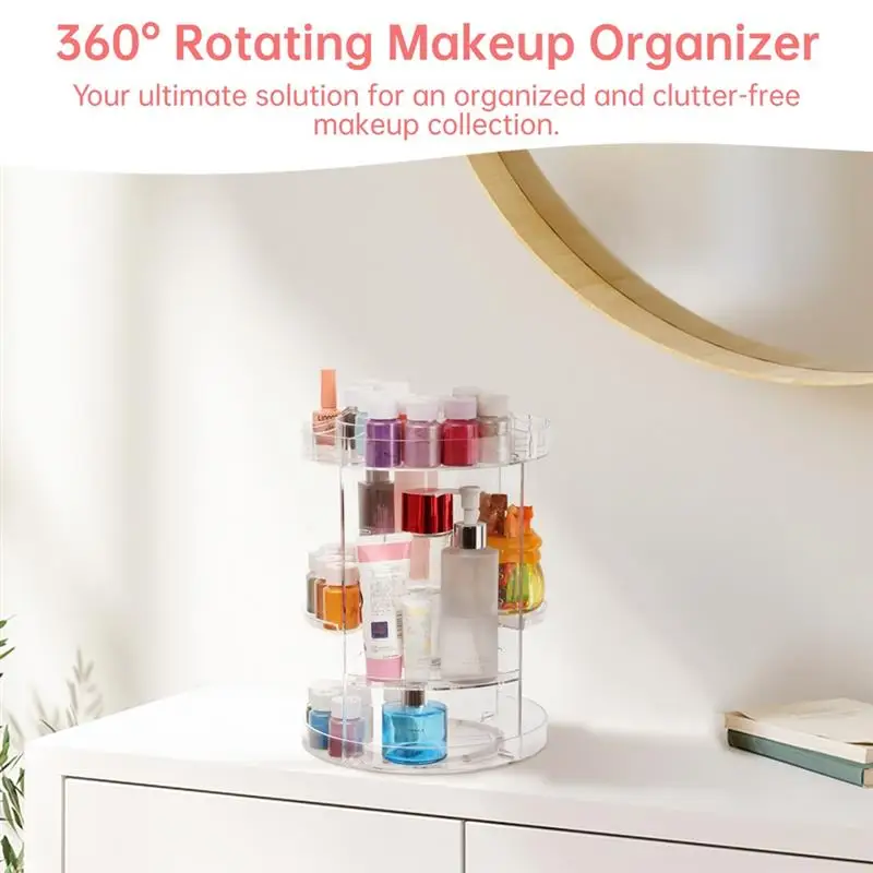 360° Rotating Makeup Organizer Acrylic Makeup Spinning Holder Adjustable Bathroom Cosmetic Storage Rack 4 Trays Makeup Caddy