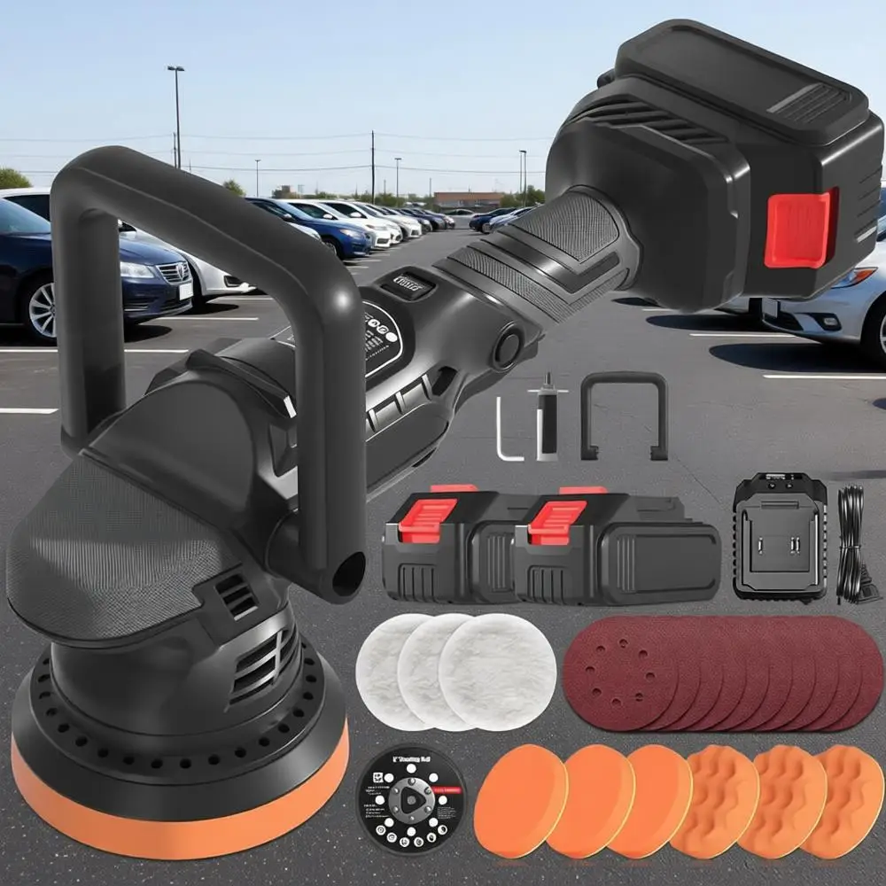 

5-дюймовая эксцентриковая полировальная машина для автомобилей, 6 скоростей (1000-5200 об/мин), аккумуляторы 21В 3.0Ач, 28 насадок, идеально подходит для детейлинга автомобилей