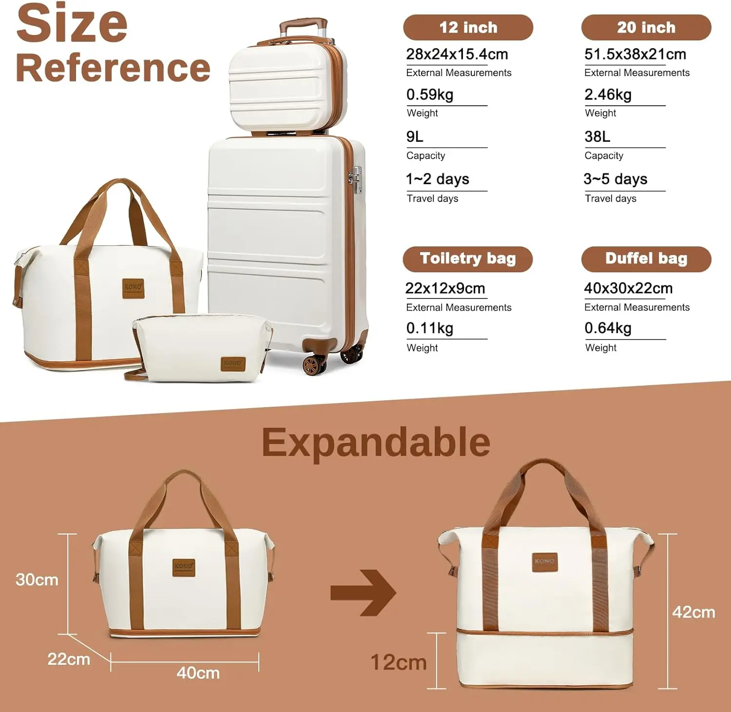 KONO 4-piece suitcase set, 55 cm hand luggage beauty case cosmetics case travel bag travel toilet bag