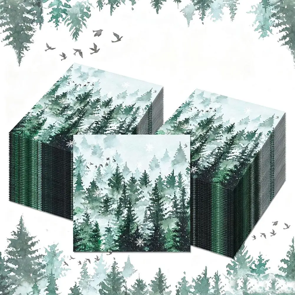 Green Misty Pine Tree Napkins Winter Snowflake Bird Watercolor Disposable Paper Napkin Xmas New Year Farmhouse Party Decor ﻿ - view 4