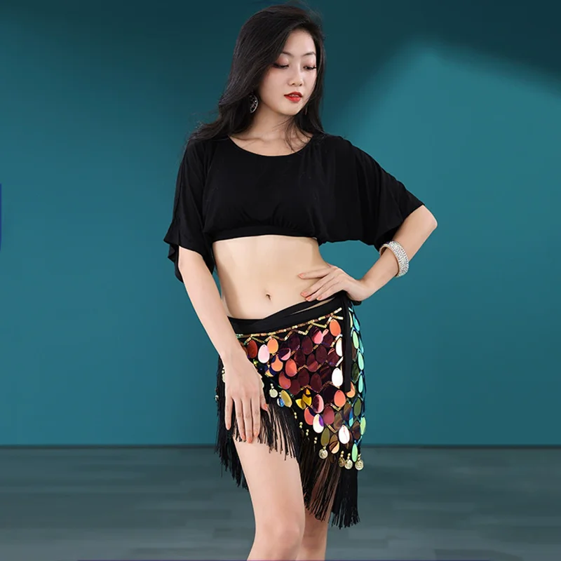 

Fashion Women Belly Dance Clothes Sparkling Sequins Short Skirt Fringes Hip Scarf Costume Set 2pcs Top Belt Group Class Outfit
