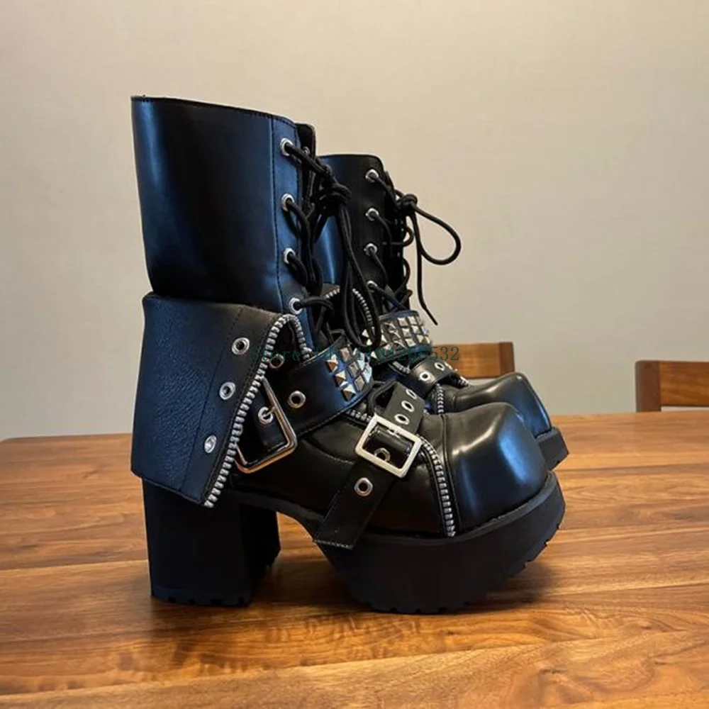 Rivet Metal Decoration Buckle Strap Platform Boots Square Toe Slip On Square Heel Zipper New Arrivals Slouchy Boots