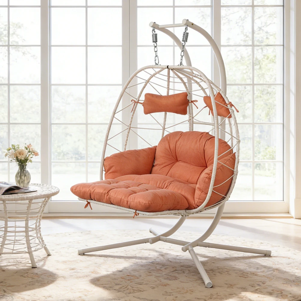 

2-Person Hanging Egg Chair w/ Stand: Double Outdoor Wicker Swing w/ Thick Cushions for Patio/Garden/Balcony