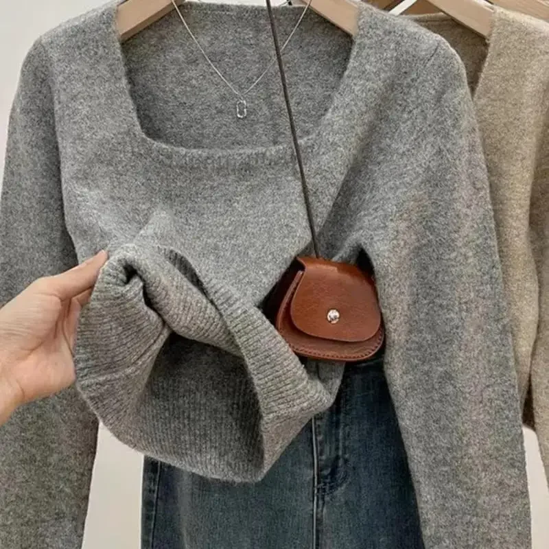 

Square Collar Knitted Sweater Tops Women 2025 Autumn Winter Korean Solid Fashion Casual Long Sleeve Pullovers Ladies Clothing