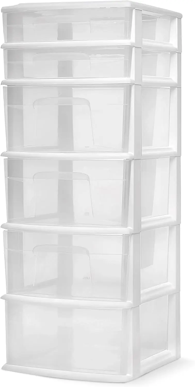 

6-Tier Clear Plastic Storage Organizer Cart with White Frame - Heavy-Duty Drawers for Home, Bedroom, Closet