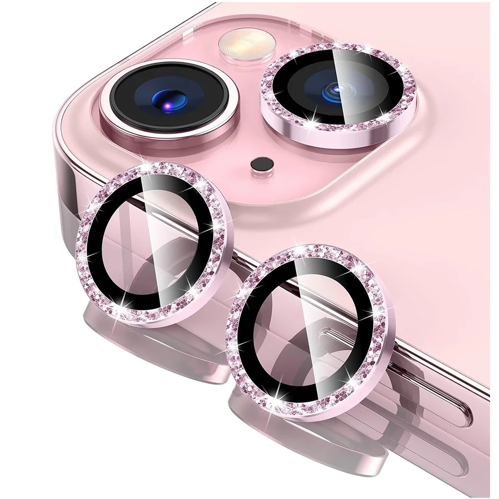 Glitter Camera Lens Protector Cover for iPhone 15 Pro Max 14 Plus 13 Mini 14Pro 15Pro Pink Tempered Glass Protection Accessories