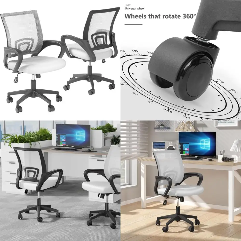 

Ergonomic Mid-Back Mesh Office Chair with Lumbar Support, Adjustable Swivel Seat, Comfortable Armrests - White, Set of 2