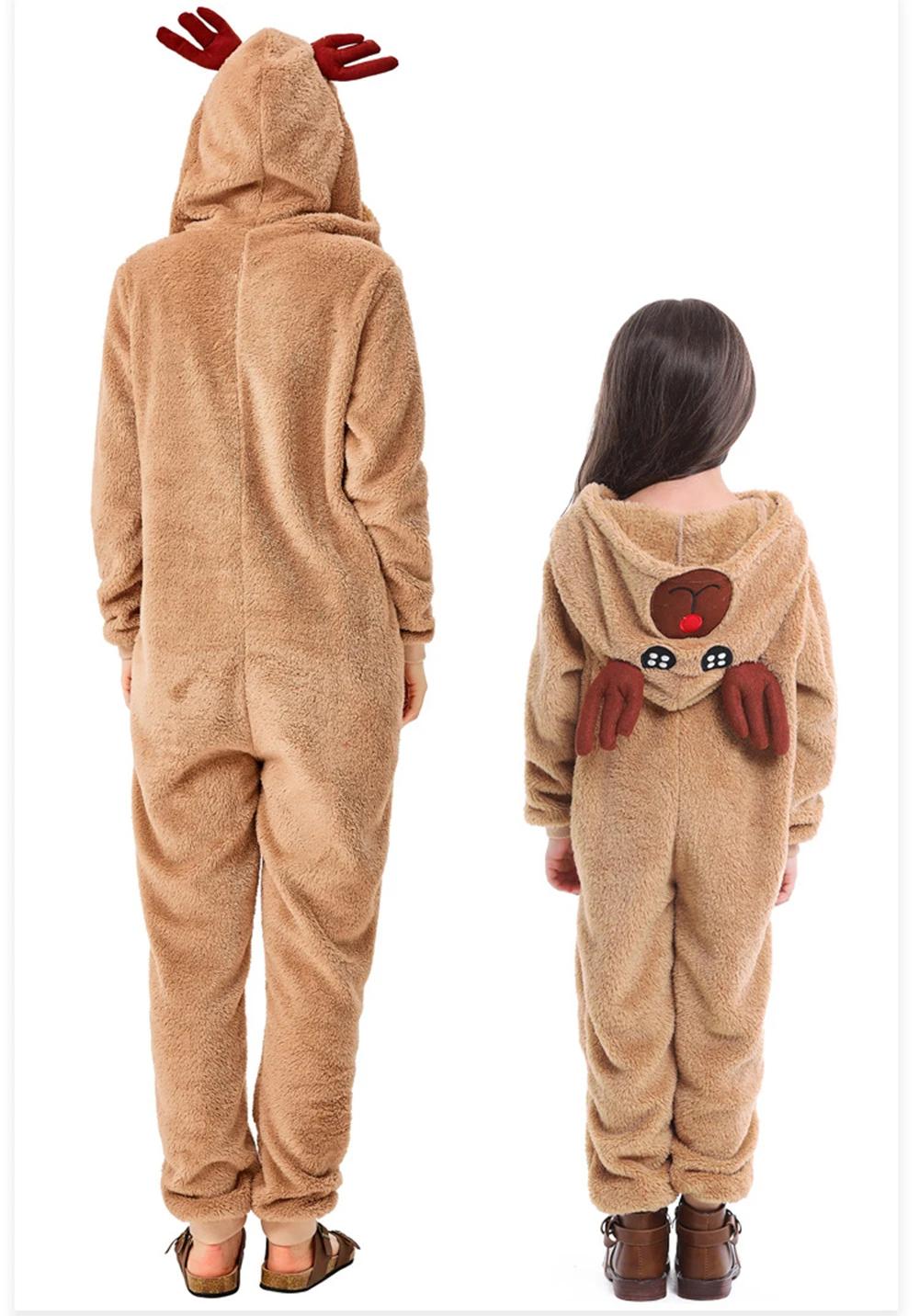 Women Girls Cute Christmas Cosplay Parent-child Reindeer Hooded Animal Homewear Xmas Elk Role-playing Coral Fleece Loose Pajamas