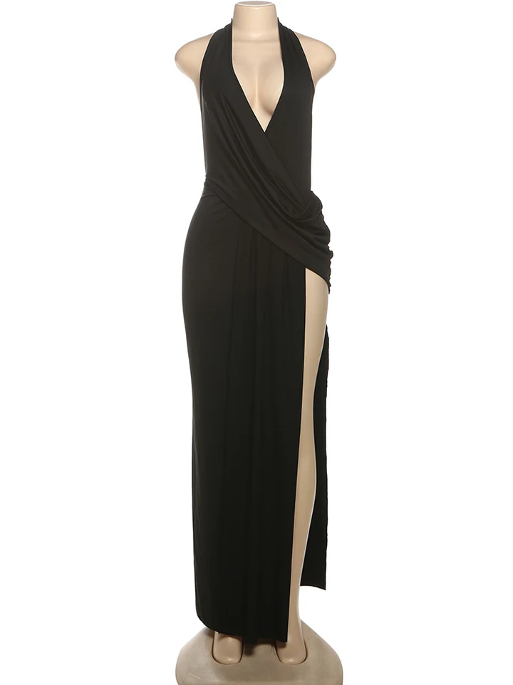 Vestido largo con abertura alta, sexy, para mujer, escote halter profundo en V, espalda descubierta, sin mangas, para fiesta en la piscina de verano, elegante con fruncido 6