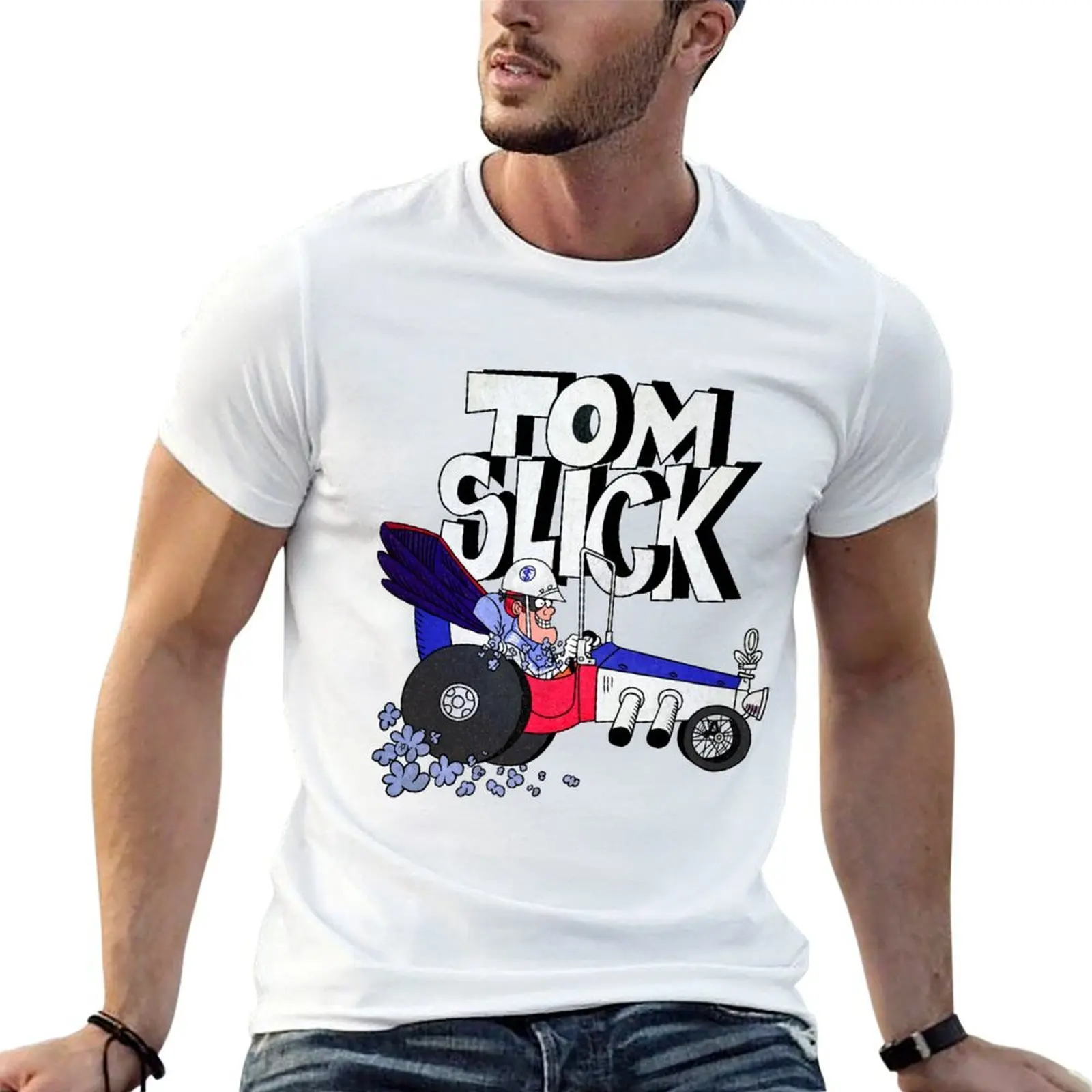 

Tribute to Jay Ward Cartoons: Tom Slick in the Thunderbolt Grease Slapper with Logotype T-Shirt cotton tshirt 100% T-Shirt