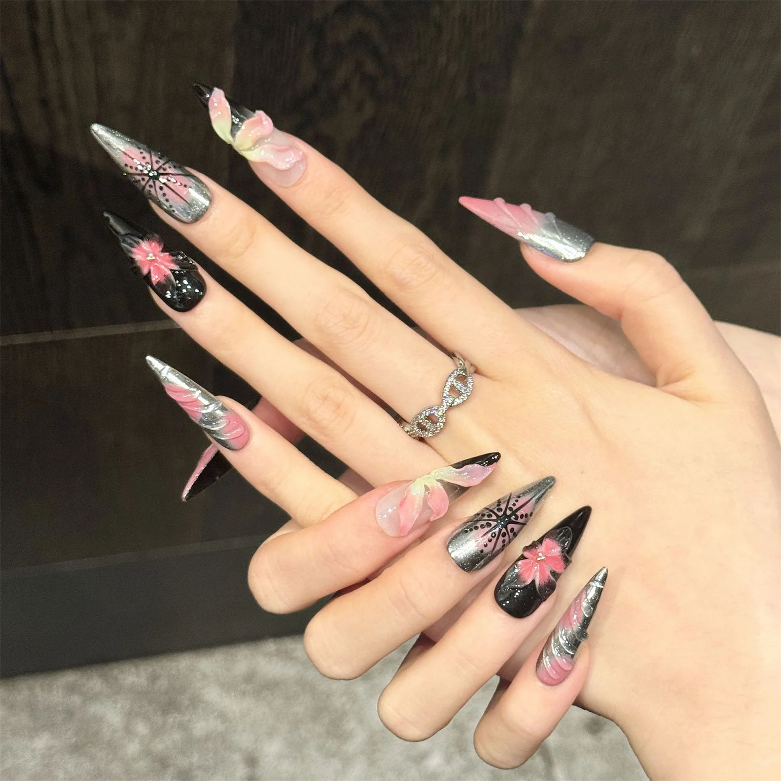10pcs Metal Silver Gradient Handmade False Nails Halloween Gothic 3D Flower Decor Press On Nails Long Pointed Shape Fake Nails