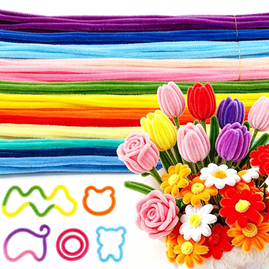 100 Stück Flauschige Chenille-Stiele, Weiche Pfeifenreiniger, Biegbare DIY-Blumen Bastelmaterialien für Blumenherstellung, Tulpenstrauß, XJM
