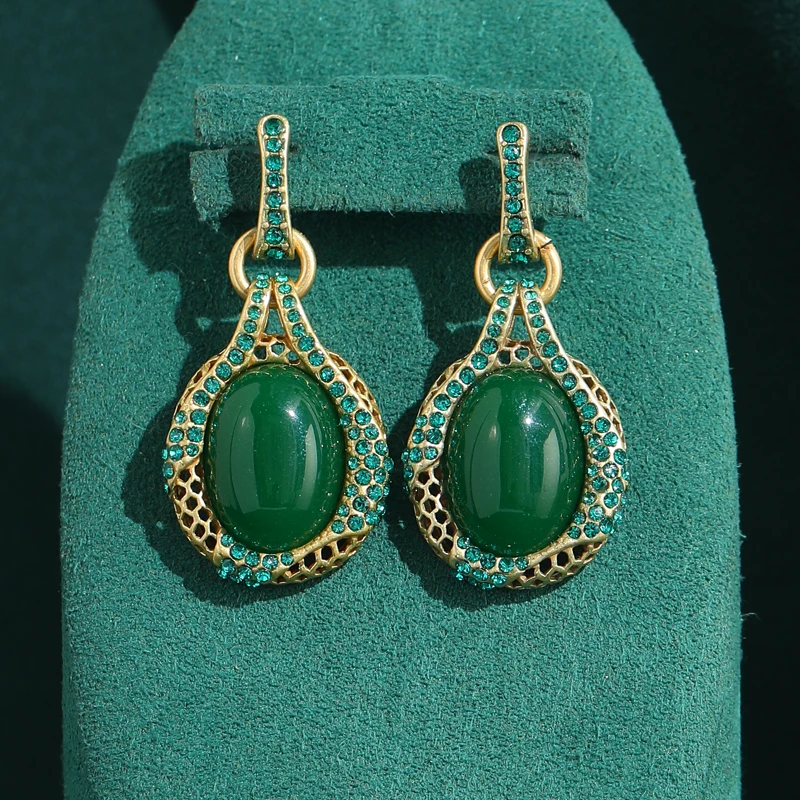 

Vintage Oval Green Drop Earring Natural Stone Hanging Blue Rhinestone Chinese Style Classic Elegance Accessories Jewelry Banquet