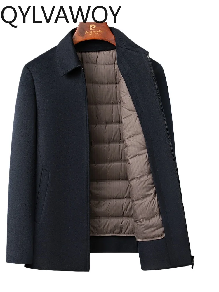 

QYLVAWOY 70% Wool Woolen Coat Men's Short-Style Autumn Winter Goose Down Liner Jacket Dad's Outfit Outerwear LJ2599