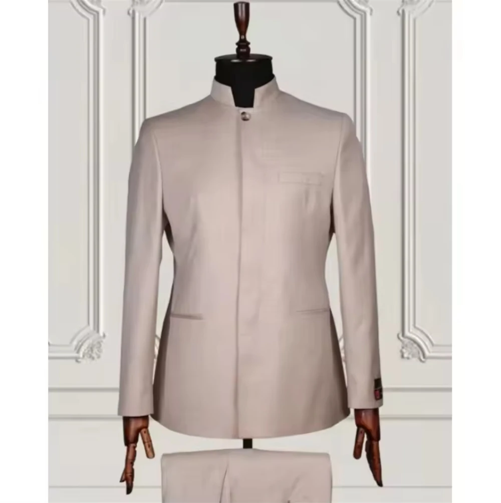 

Retro Men Suits Tailored Blazer Sets 2 Pcs Stand Collar Tuxedos Groom Wedding Prom Elegant Dress Costume Homme (Jacket+Pant)