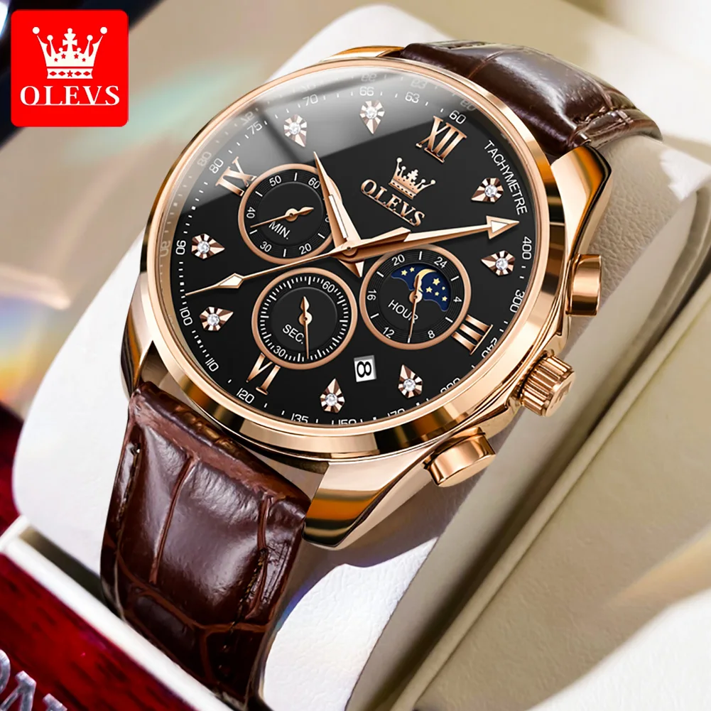 OLEVS 2888 Fashion Men Watch Multi-function Chronograph Dial Calendar Window 24-hour Moon Phase 30m Waterproof Night Light Watch